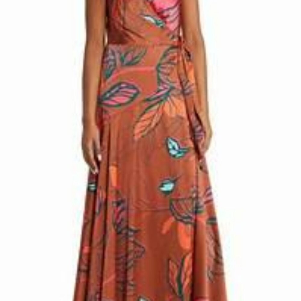 HUTCH Mikki Leaf Print Satin Maxi Wrap Dress